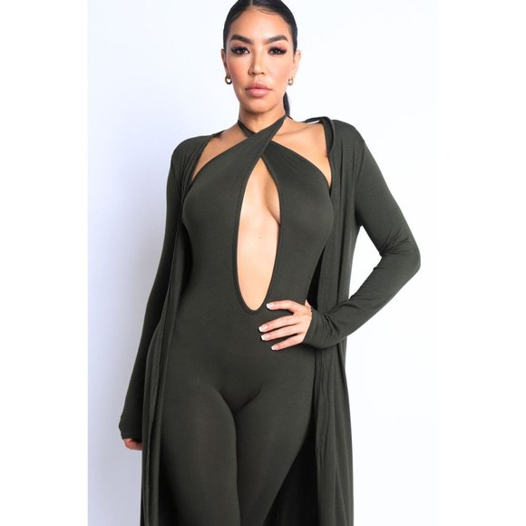 Women's Sexy Open Center Halter Jumpsuit with Cardigan Set Black Cross Neck - Picture 5 of 8